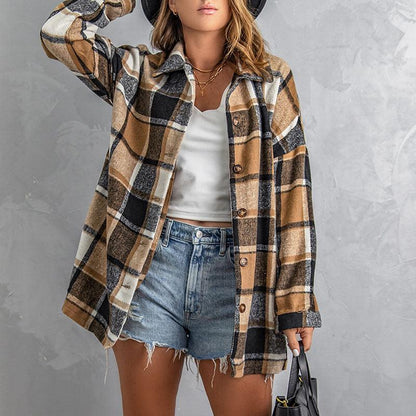 Women's Long-sleeved Lapel Button-breasted Plaid Shirt Jacket - Cruish Home