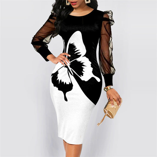 Printed Screen Patchwork Long-sleeved Dress