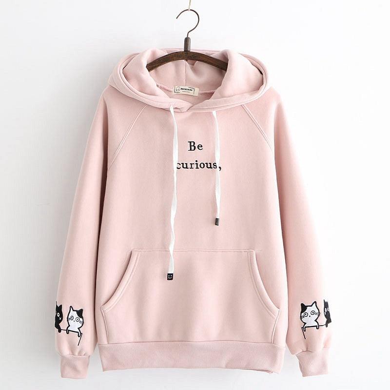 Japanese College Style Letters Cartoon Cat Embroidery Velvet Loose Hooded Sweater For Women Fleece Shirt - Cruish Home