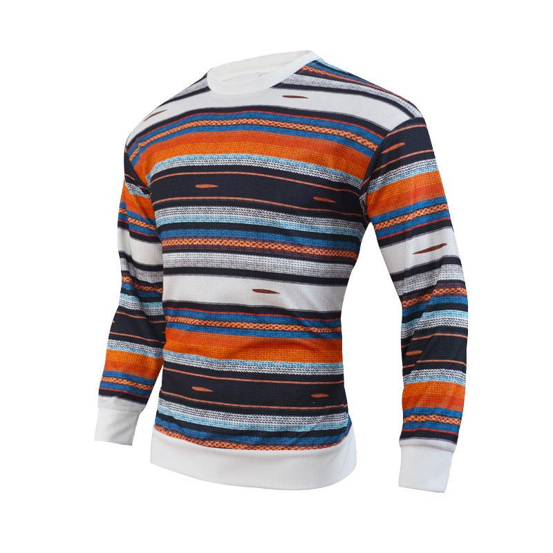 Men's Loose Round Neck Waffle Color Stripe Versatile Casual Bottomed Sweater - Cruish Home