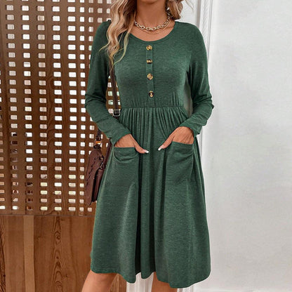 Waist-tight Round Neck Button Pocket Knitted Long-sleeved Dress - Cruish Home