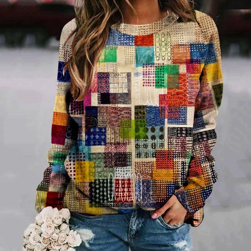 Printed Patchwork Round Neck Raglan Long Sleeve Women's Sweater - Cruish Home