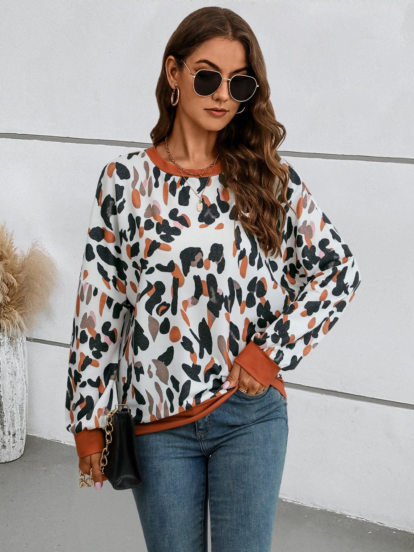 Women's Round Neck Drop-shoulder Lantern Sleeve Printed Sweater - Cruish Home