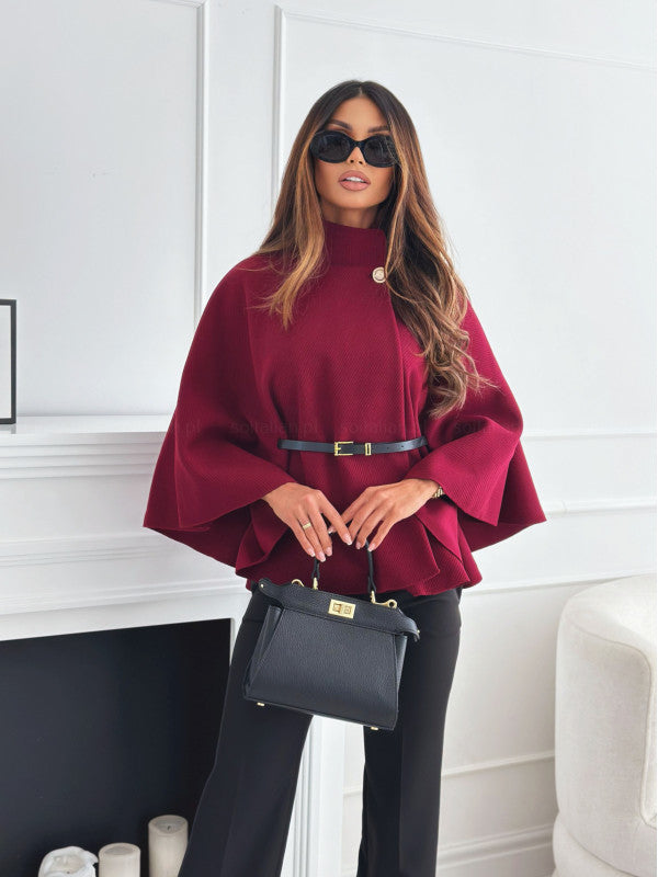 New Stand Collar Batwing Sleeves Cloak Top With Belt Ins Fashion Temperament Jacket Woolen Sweater Outwear For Women Clothing