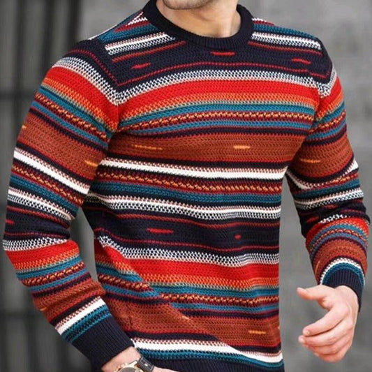 Men's Loose Round Neck Waffle Color Stripe Versatile Casual Bottomed Sweater - Cruish Home