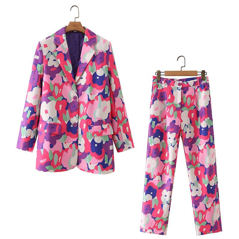 Casual Women's Printed Blazer High Waist Printed Buttoned Straight Trousers - Cruish Home