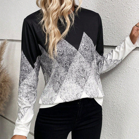 Women's Clothing Digital Positioning Printing Round Neck Long Sleeve Top Female - Cruish Home