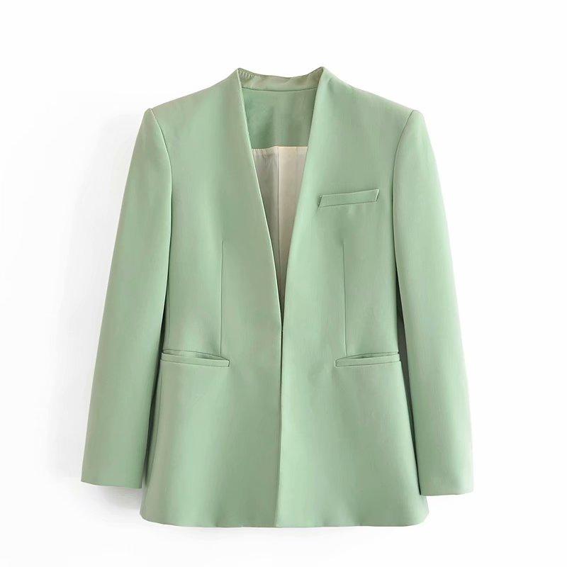 New Women's Suit Jacket Without Lapel Solid Color Long-sleeved Collar Pants - Cruish Home