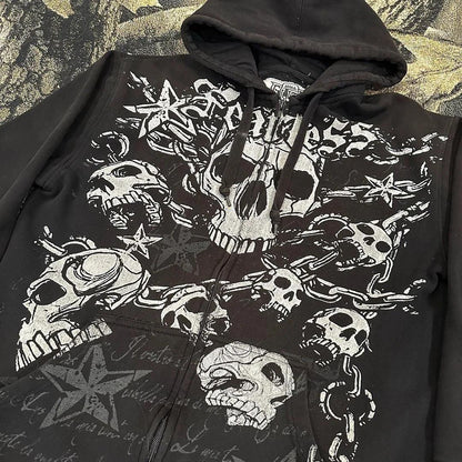 Punk Dark Skull Printed Hoodie Loose Zip Cardigan Sports Pullover Top - Cruish Home