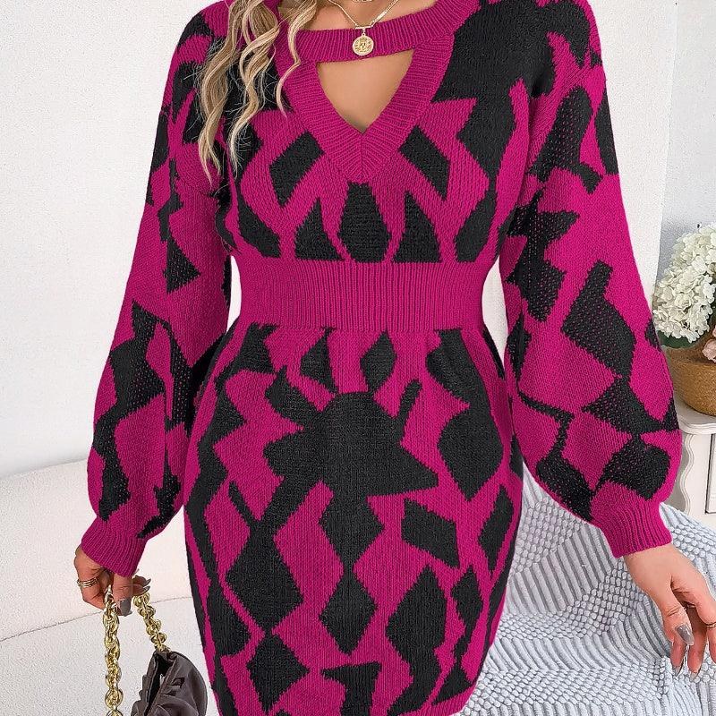 Color Matching Hollow Out Lantern Sleeve Fitted Waist Sweater Dress - Cruish Home