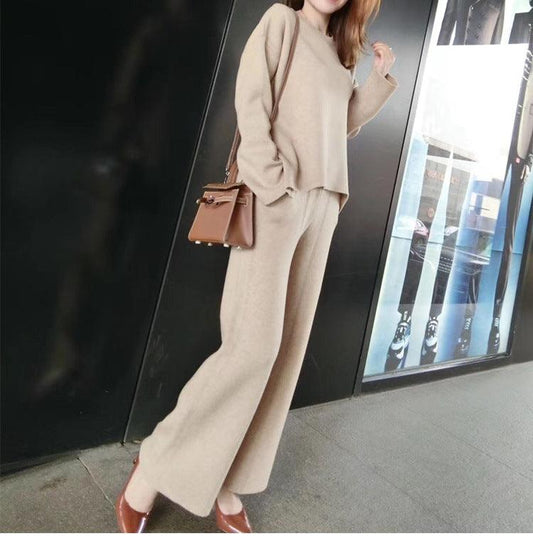 Fashionable Western Style Age-reducing And Thin, Knitted Two-piece Wide-leg Pants Suit Women - Cruish Home