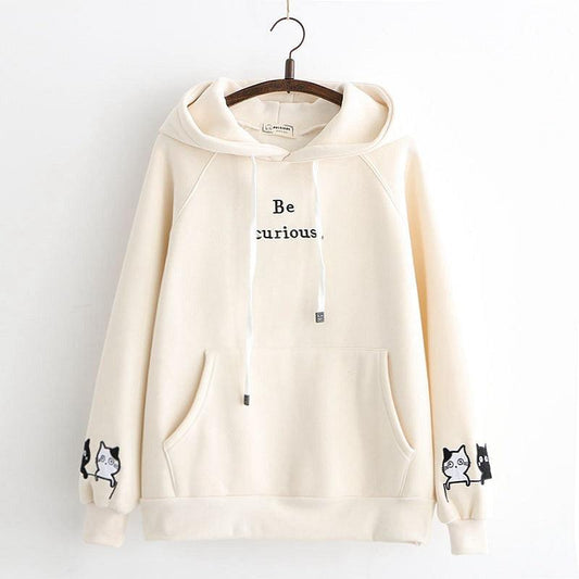 Japanese College Style Letters Cartoon Cat Embroidery Velvet Loose Hooded Sweater For Women Fleece Shirt - Cruish Home