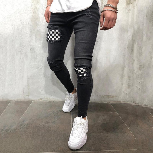 Fashion Men's Jeans Lattice Patchwork Denim Pants Casual Skinny Jeans