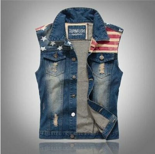 Men Jean Vests Classic Vintage leeveless Casual Fashion Flag Denim