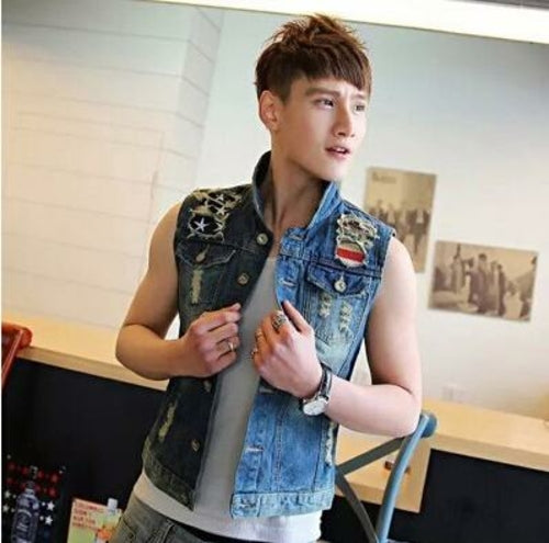 Men Jean Vests Classic Vintage leeveless Casual Fashion Flag Denim