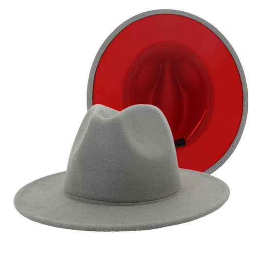 2020 Fashion Grey Red Patchwork Felt Hat Women Men Wide Brim Imitation