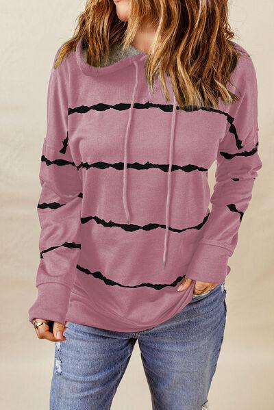 Drawstring Striped Dropped Shoulder Hoodie - Cruish Home