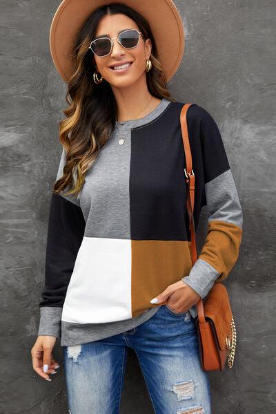 Color Block Round Neck Sweatshirt - Cruish Home